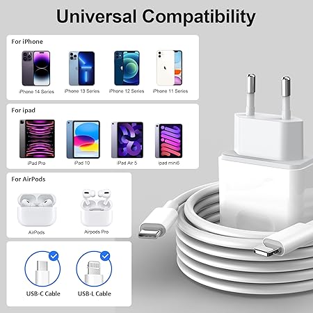 Charger for iPhone 14/14 Pro/14 Pro Max/14 Plus/13/12/11/XS/XR/X/SE, USB C Fast Charger with 2M Cable Plug Power Adapter Wall Charging Socket Trefard