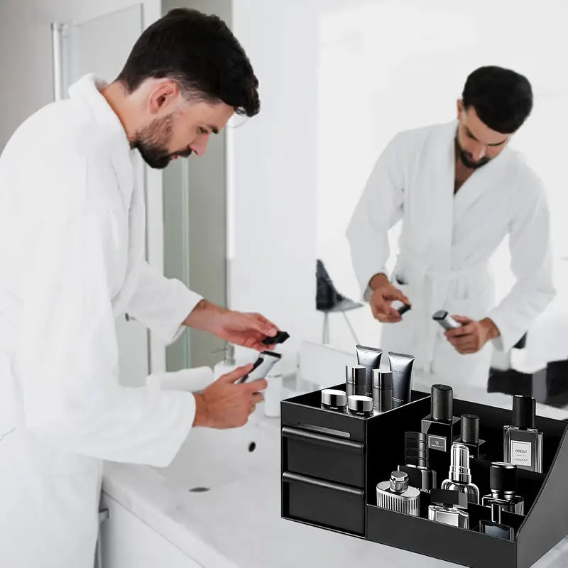 🖤 Sleek Black Perfume Organizer with Drawer – For Men’s Fragrances, Skincare & Toiletries | Stylish, Durable & Compact