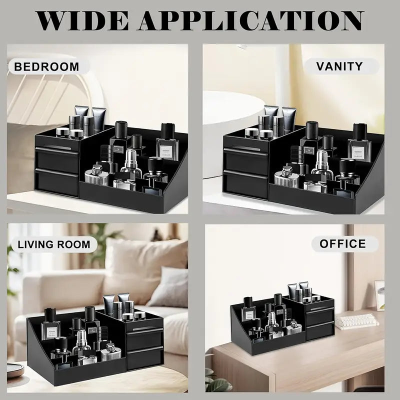 🖤 Sleek Black Perfume Organizer with Drawer – For Men’s Fragrances, Skincare & Toiletries | Stylish, Durable & Compact
