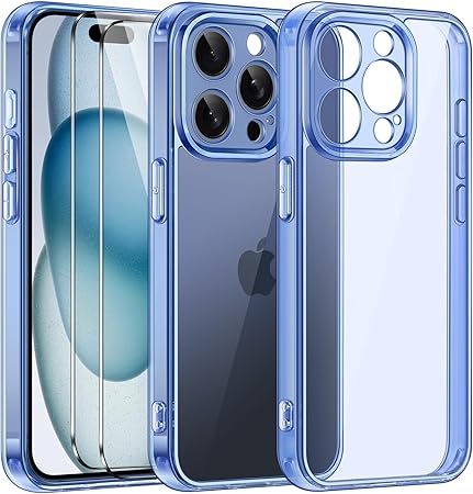iVoler Clear Case for iPhone 15 Pro Max with 2 Tempered Glass Screen Protector, [Military Grade Shockproof][Camera Protection] Slim Transparent Case Anti-Yellowing Case - Blue