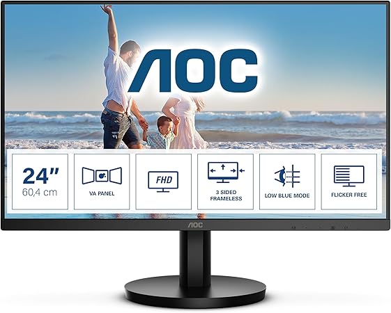 AOC 24B3HM - 24-inch Full HD Monitor, Adaptive Sync 1920x1080, 75 Hz, VGA, HDMI 1.4 Black, 24 inch FHD VA, No Speakers
