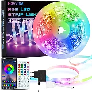 HOVVIDA LED Strip 5M, 30 LEDs/Meter, APP and Remote Control, 150 LEDs, 24V RGB LED, Music Mode, Timing Mode, LED for Room, Living Room, Kitchen, Bedroom, Bar, Party