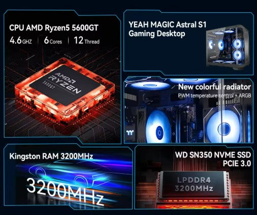 Gaming Desktop AMD Ryzen 5 5600GT 3.9GHz 16GB(8G*2) DDR4 3200 1T NVME SSD ARGB 7 Fans Win 11 Home Gamer Desktop WIFI6