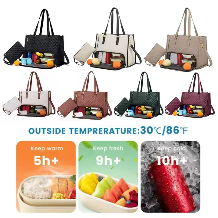 2 In 1 Lunch Tote Bag For Women 15.6 Inch Tote Bag With Lunch Compartment For Work,School Backpack Lunch Bag Purse Combo Bag