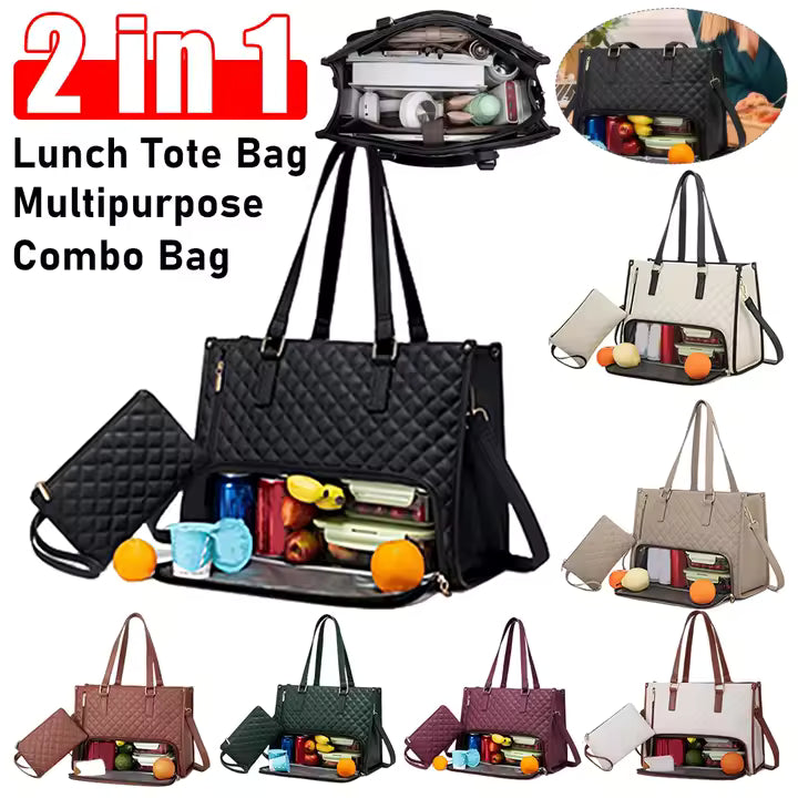2 In 1 Lunch Tote Bag For Women 15.6 Inch Tote Bag With Lunch Compartment For Work,School Backpack Lunch Bag Purse Combo Bag