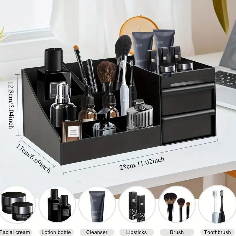 🖤 Sleek Black Perfume Organizer with Drawer – For Men’s Fragrances, Skincare & Toiletries | Stylish, Durable & Compact