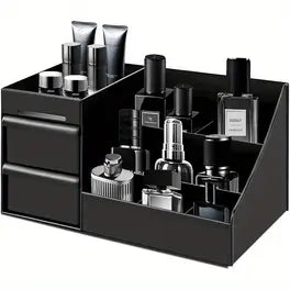 🖤 Sleek Black Perfume Organizer with Drawer – For Men’s Fragrances, Skincare & Toiletries | Stylish, Durable & Compact
