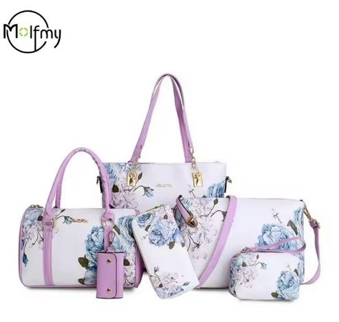 6/Piece Set Mother Handbag Vintage Tote Bags Printed High Quality Women's Bag Trend One Shoulder Crossbody Women Handbags Purse