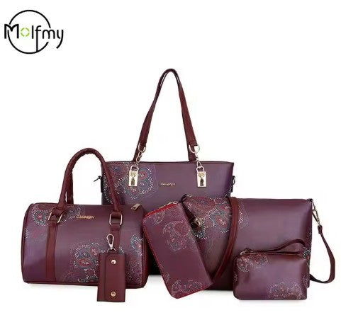 6/Piece Set Mother Handbag Vintage Tote Bags Printed High Quality Women's Bag Trend One Shoulder Crossbody Women Handbags Purse